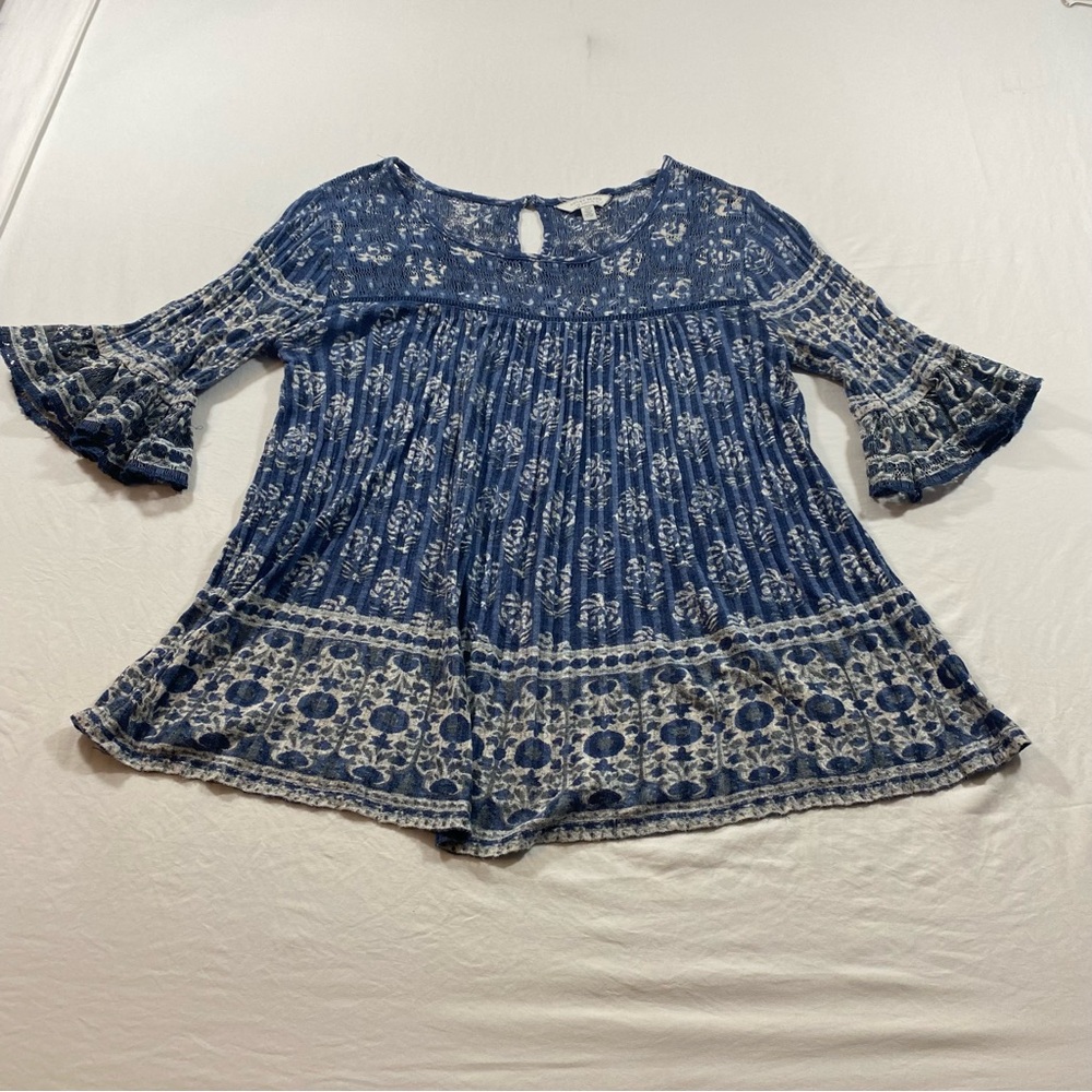 Lucky Brand Boho Top women Small Long Bell sleeves  blue bohemian shirt Blouse